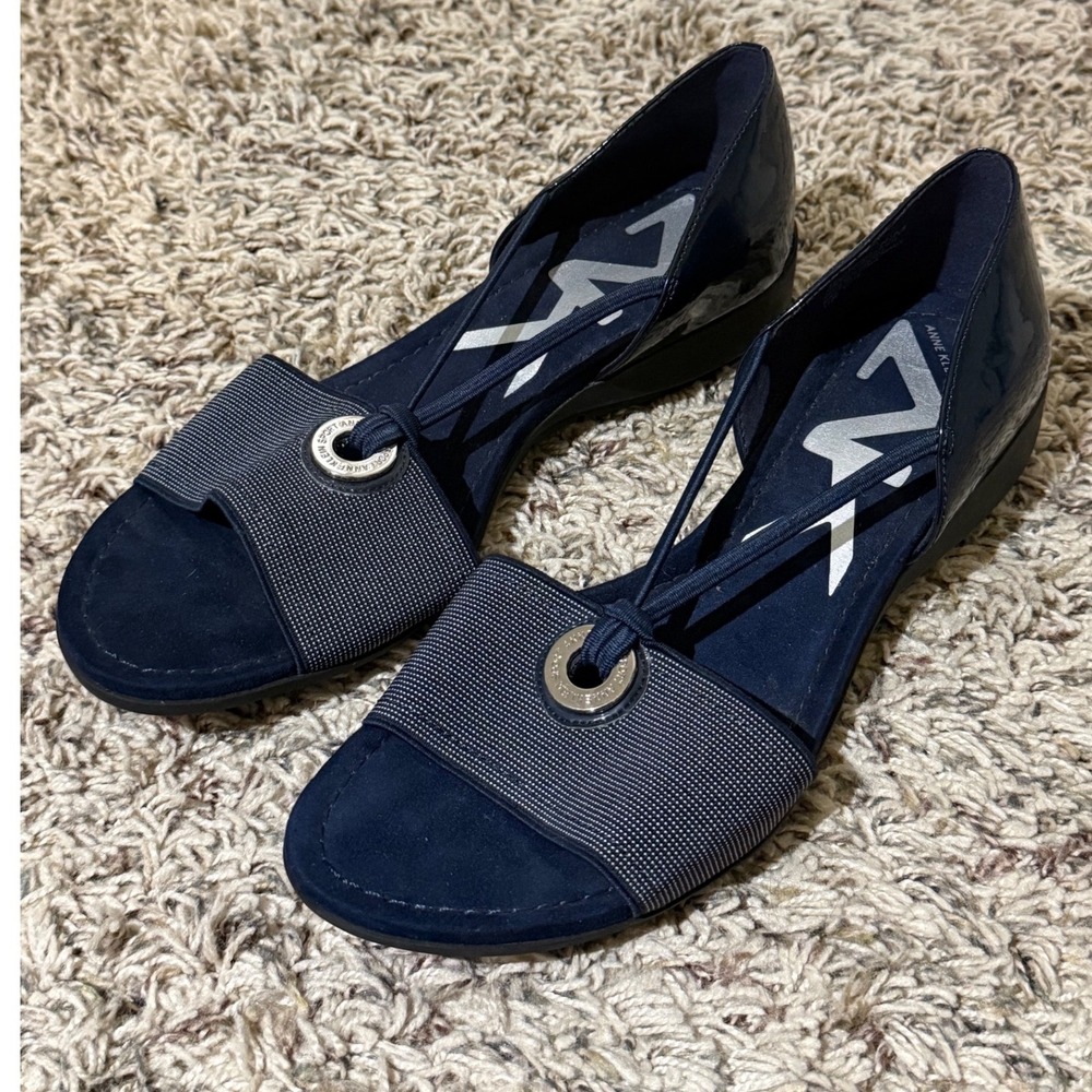Anne Klein Sport Akkameko Navy Blue Wedge Sandals Womens 8.5M Patent Fabric